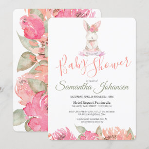 Invitation Baby shower de lapin doux et de fleurs d'aquarelle