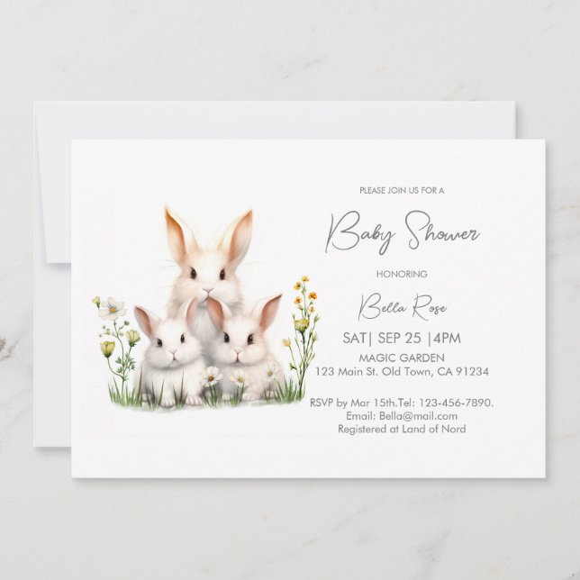 Invitation Baby shower de lapin forestier neutre pour les fem (Devant)
