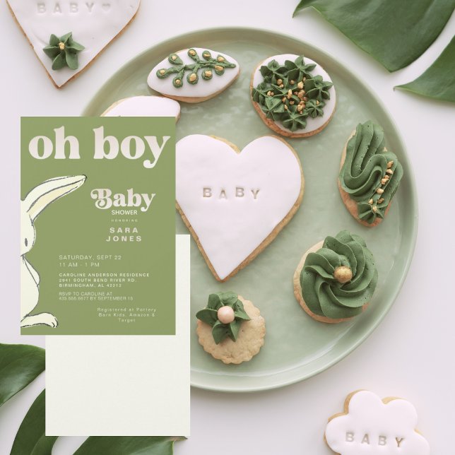 Invitation Baby shower de lapin mou Moss Green Oh Boy (Créateur téléchargé)
