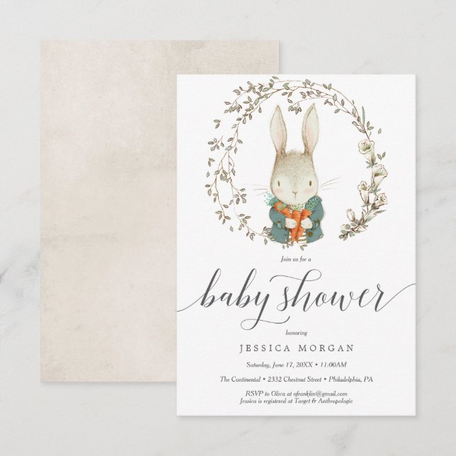 Invitation Baby shower de lapin vintage (Devant / Derrière)