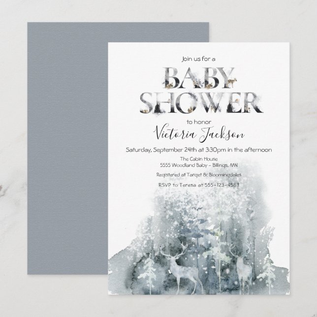 Invitation Baby shower de l'aquarelle forestière d'hiver (Devant / Derrière)