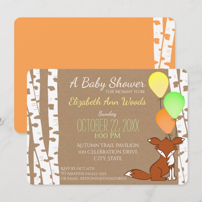 Invitation Baby shower de l'arbre à bouleaux de Fox Woodland (Devant / Derrière)