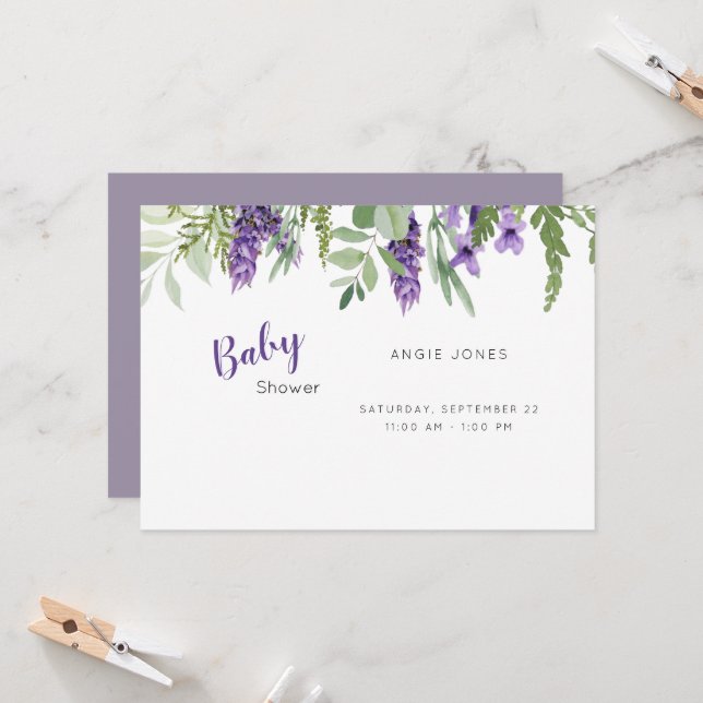 Invitation baby shower de lavande de Foliage (Devant/Arrière en situation)