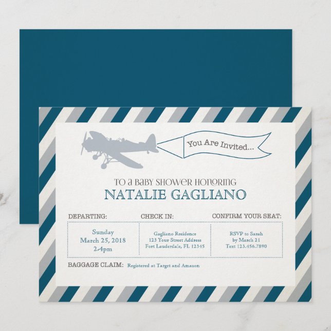 Invitation Baby shower de l'avion à hélice vintage (Devant / Derrière)