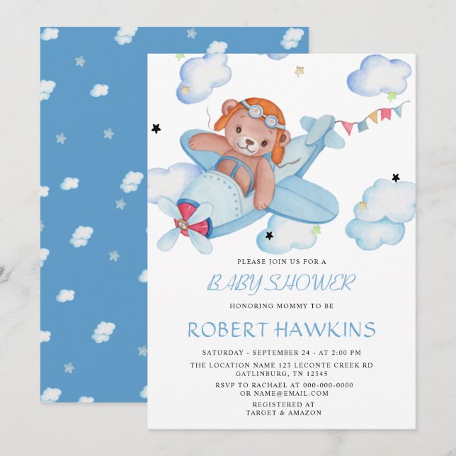 Invitation Baby shower de l'avion Teddy Bear (Devant / Derrière)