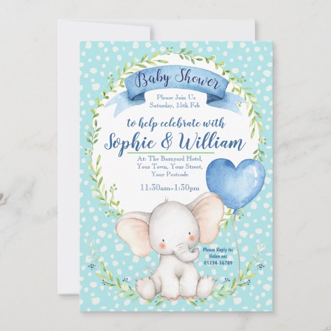 Invitation Baby shower de l'éléphant d'aquarelle (Devant)