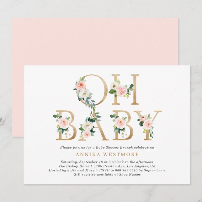 Invitation Baby shower de lettres florale rose pâle en or (Devant / Derrière)