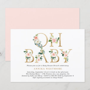 Invitation Baby shower de lettres florale rose pâle en or