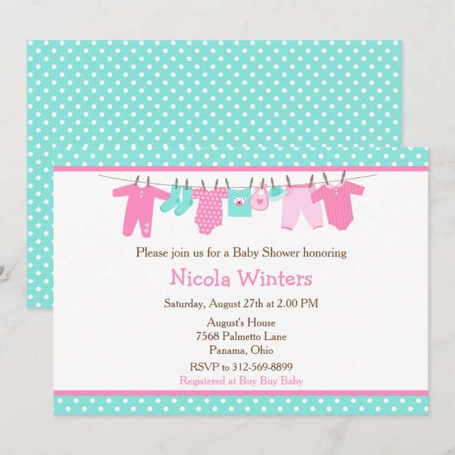 Invitation Baby shower de ligne bébé rose et vert (Devant / Derrière)