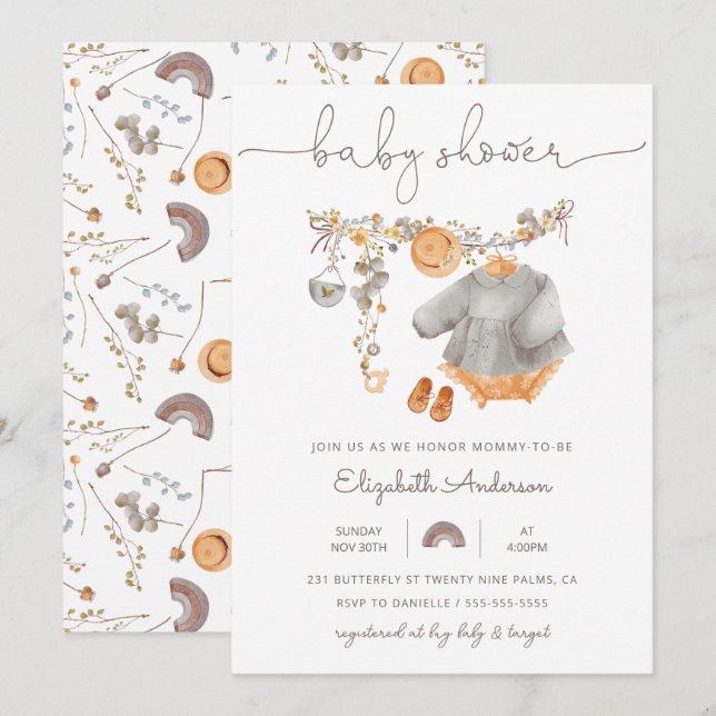 Invitation Baby shower de ligne de linge de bébé (Devant / Derrière)