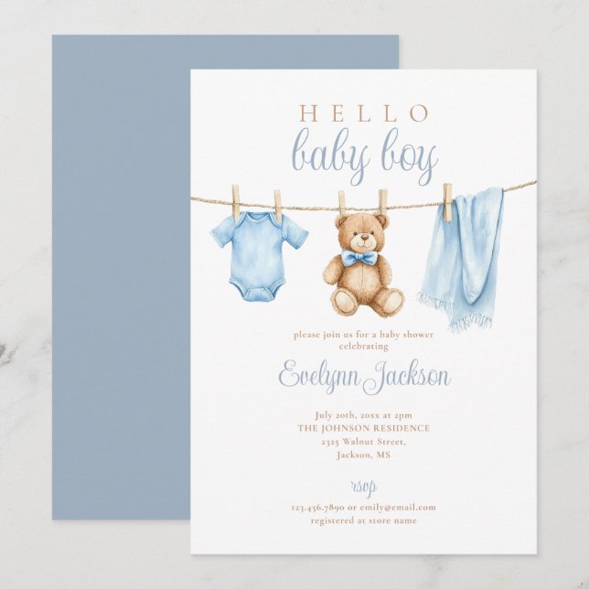 Invitation Baby shower de linge pour garçon bleu mou (Devant / Derrière)