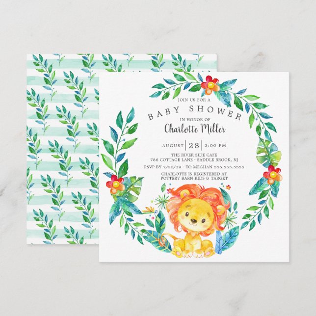Invitation Baby shower de lion de la jungle mignonne (Devant / Derrière)