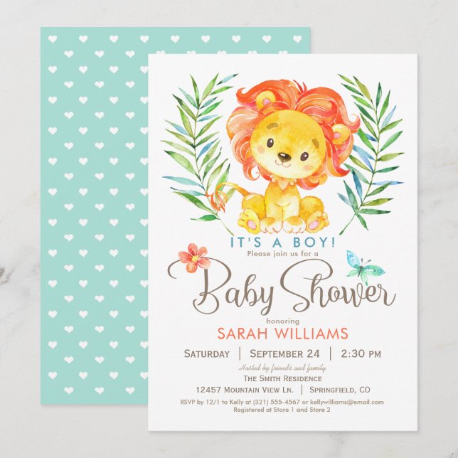 Invitation Baby shower de Lion Jungle, garçon ou fille (Devant / Derrière)