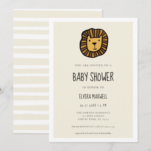 Invitation Baby shower de lion mignon (Devant / Derrière)