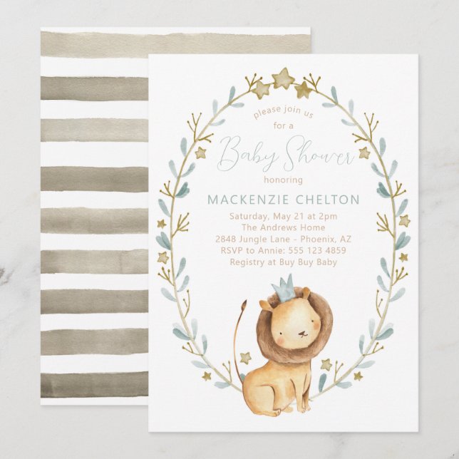 Invitation Baby shower de Lion - Thème animal de l (Devant / Derrière)