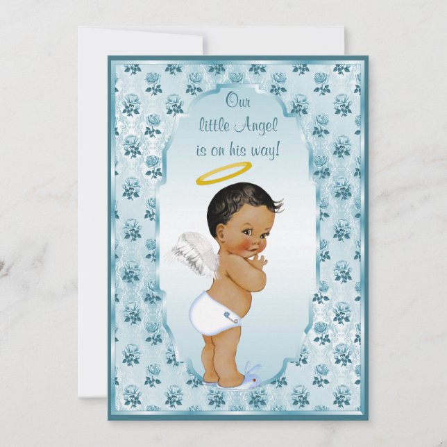 Invitation Baby shower de Little Ethnic Boy Angel Blue Roses (Devant)