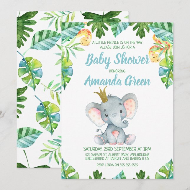 Invitation baby shower de Little Prince Elephant (Devant / Derrière)
