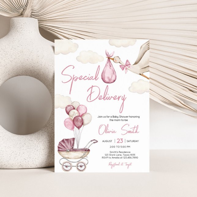 Invitation Baby shower de livraison spéciale Girl Storck (Pink Storck Special Delivery Baby Shower Invitation)