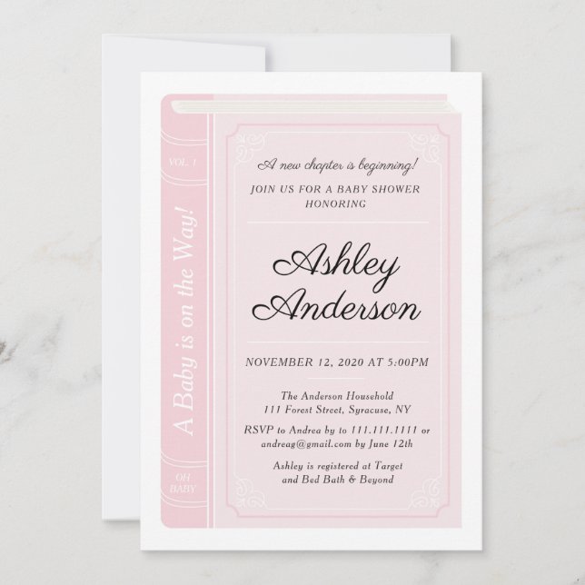 Invitation Baby shower de livre d'histoires rose (Devant)