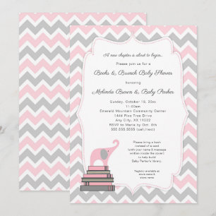 Invitation Baby shower de livre rose Elephant, livres et brun