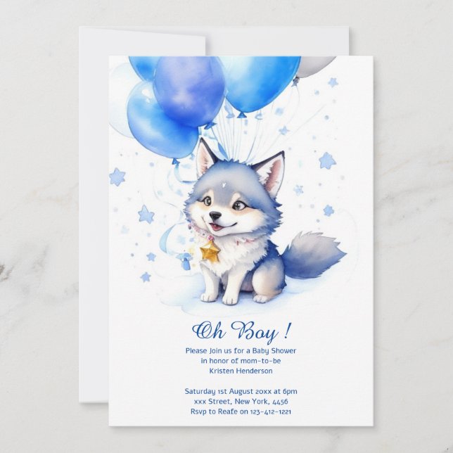 Invitation Baby shower de loup d'aquarelle (Devant)