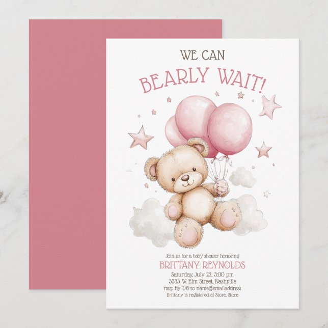 Invitation Baby shower de l'ours d'attente rose (Devant / Derrière)