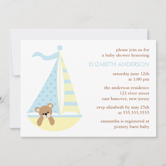 Invitation Baby shower de l'ours de voilier (Devant)