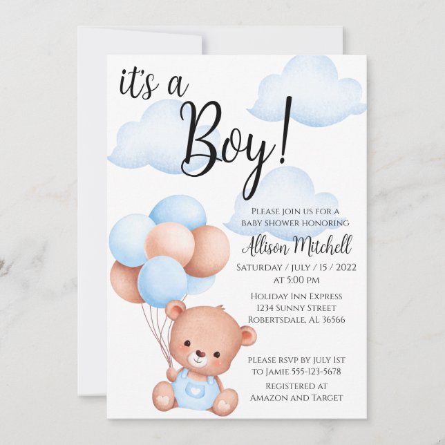 Invitation Baby shower de l'ours en peluche (Devant)