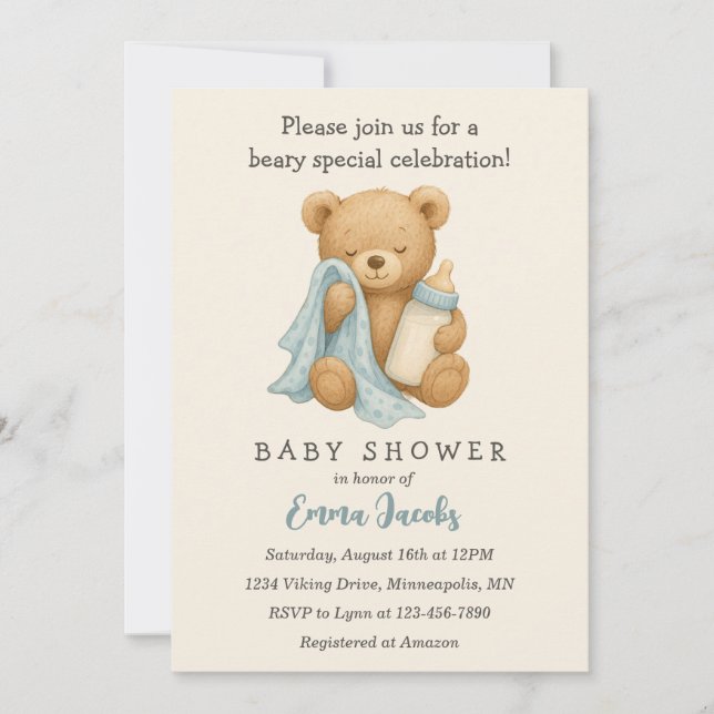Invitation Baby shower de l'ours en peluche (Devant)