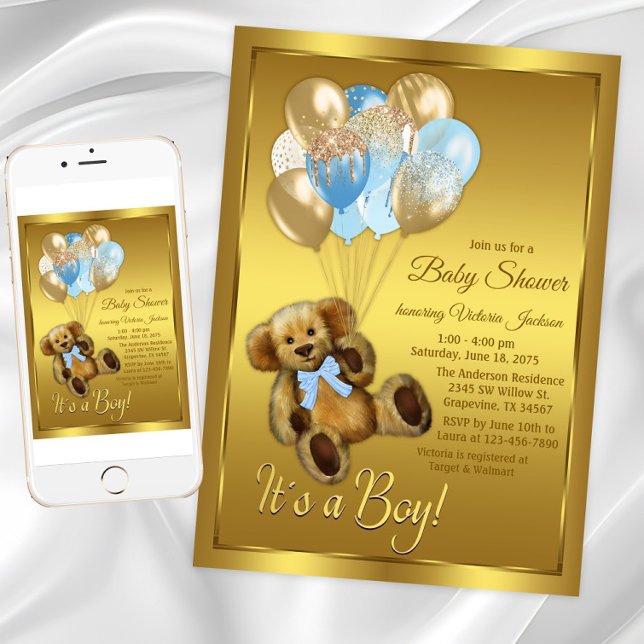 Invitation Baby shower de l'ours en peluche (Boy teddy bear balloons baby shower invitation. Instant download and printed invitations available.)