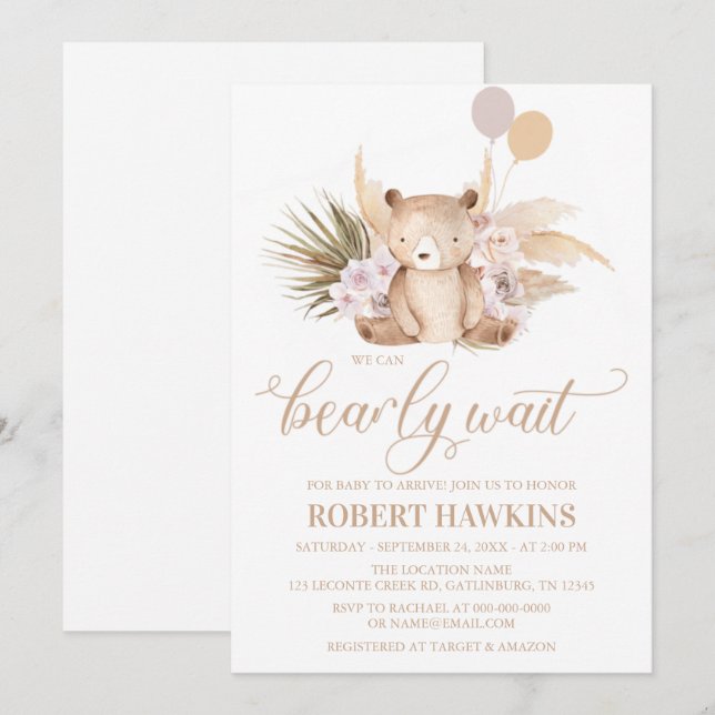 Invitation Baby shower de l'ours en peluche Boho (Devant / Derrière)