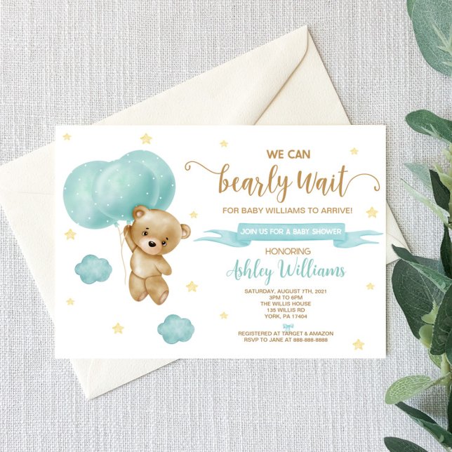 Invitation Baby shower de l'ours en peluche et des ballons bl (Créateur téléchargé)