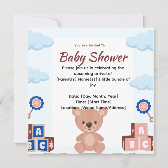Invitation Baby shower de l'ours en peluche mignon (Devant)