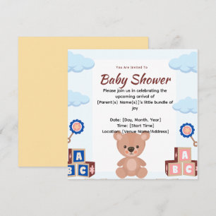 Invitation Baby shower de l'ours en peluche mignon
