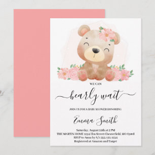 Invitation Baby shower de l'ours en tourbe rose