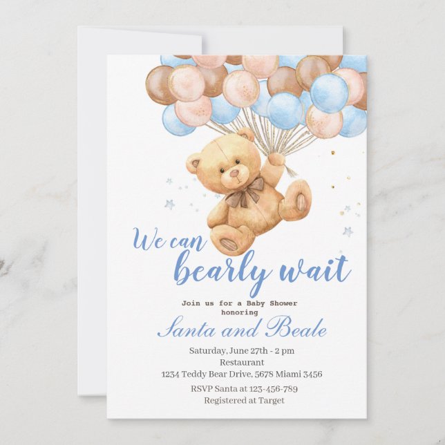 Invitation Baby shower de l'ours et des ballons en (Devant)
