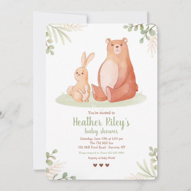Invitation Baby shower de l'ours et du lapin (Devant)