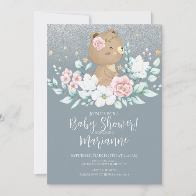 Invitation Baby shower de l'ours Parties scintillant florale  (Devant)