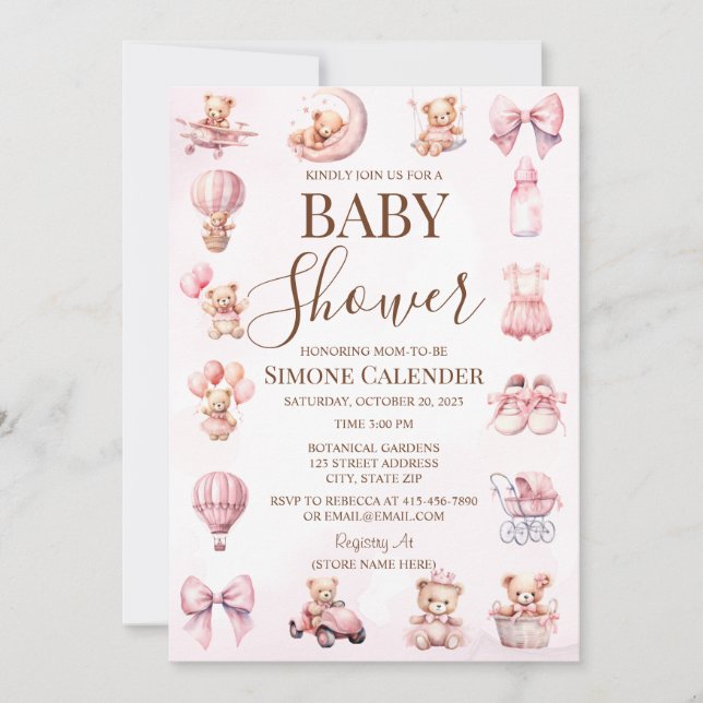 Invitation Baby shower de l'ours rose Teddy (Devant)
