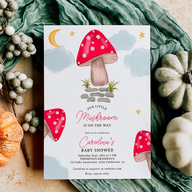 Invitation Baby shower de lune de petit champignon rouge (Fall red little mushroom moon baby shower invitation)