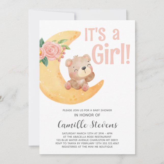 Invitation Baby shower de lune mignonne fille (Devant)