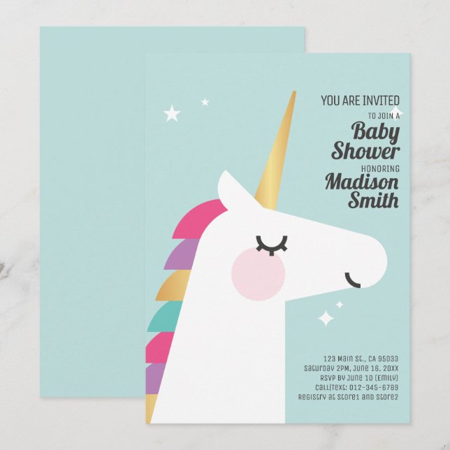 Invitation Baby shower de l'Unicorne arc-en-ciel (Devant / Derrière)