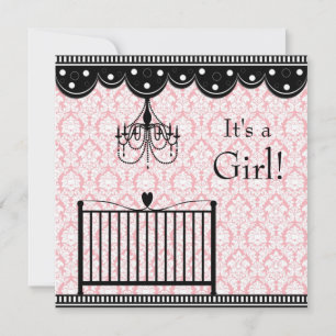 Invitation Baby shower de lustre en lustre noir rose Damask