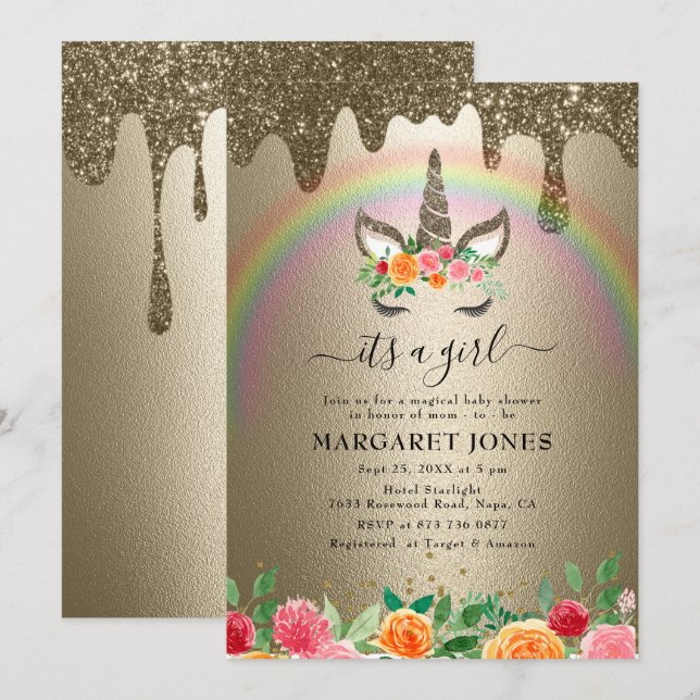 Invitation Baby shower de luxe Shiny Gold Parties scintillant (Devant / Derrière)