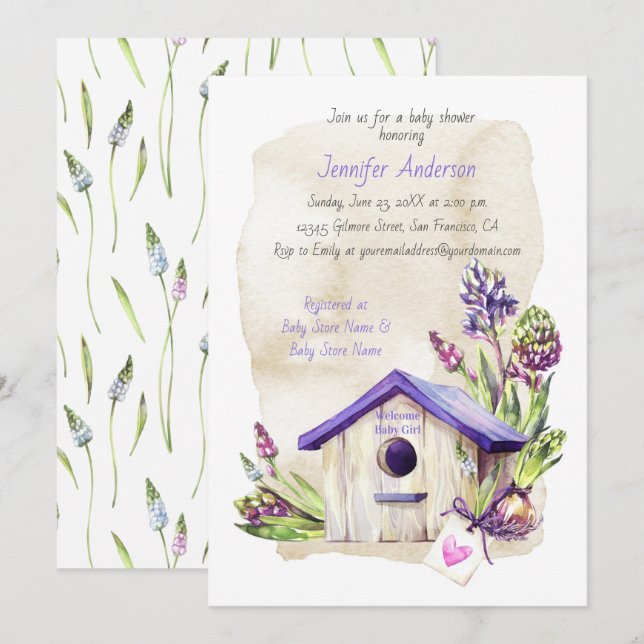 Invitation Baby shower de maison d'oiseaux pourpre à tiges de (Devant / Derrière)