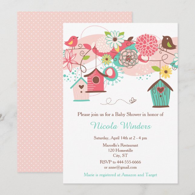 Invitation Baby shower de maisons florales roses et vertes (Devant / Derrière)