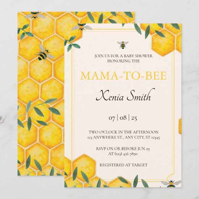 Invitation Baby shower de maman à abeille (Devant / Derrière)