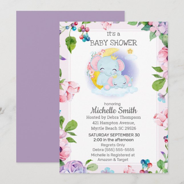 Invitation Baby shower de maman florale rose violet (Devant / Derrière)