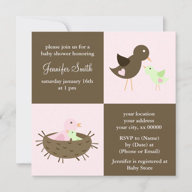Invitation Baby shower de maman rose et d'oiseaux (Devant)
