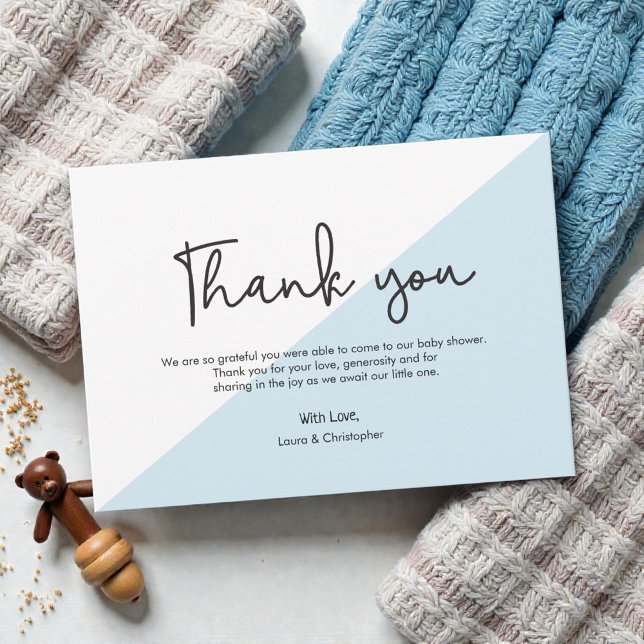Invitation Baby shower de manutention moderne bleu merci (Modern script handlettering thank you with custom message. Baby boy  blue shower thank you cards.)